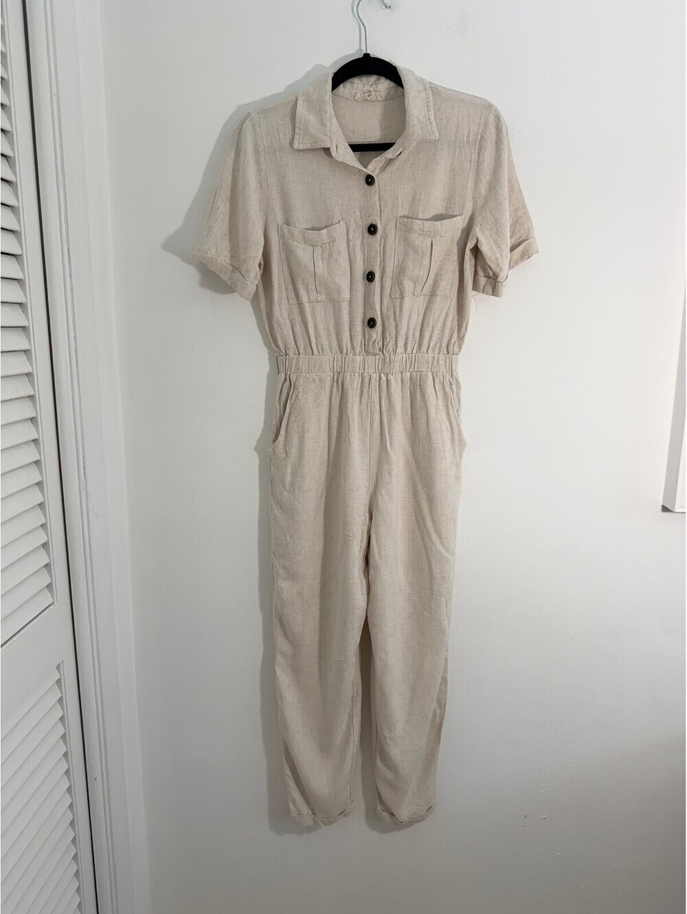 Mainstrip Linen Blend Utility Jumpsuit Women's Size M Beige Short Sleeve